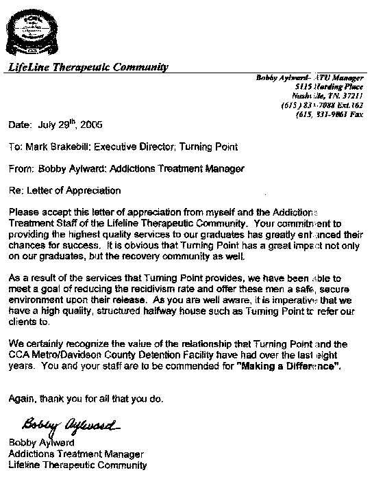 Reference letter from LifeLine Therapeutic Community